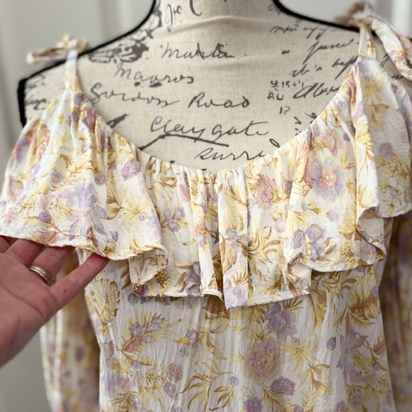 Womens Light Colored Floral & Lightweight Blouse with Shoulder Tie Cold Shoulder - Picture 5 of 10